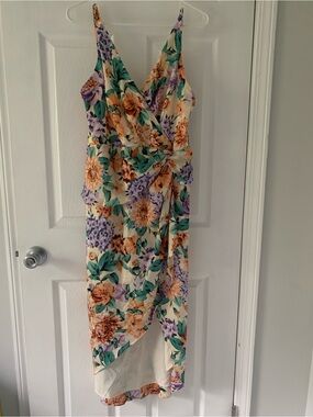 Express Cream Floral High-Low Dress with Green & Purple Accents